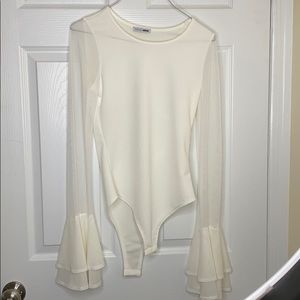White Bodysuit with Mesh Flared Sleeves
